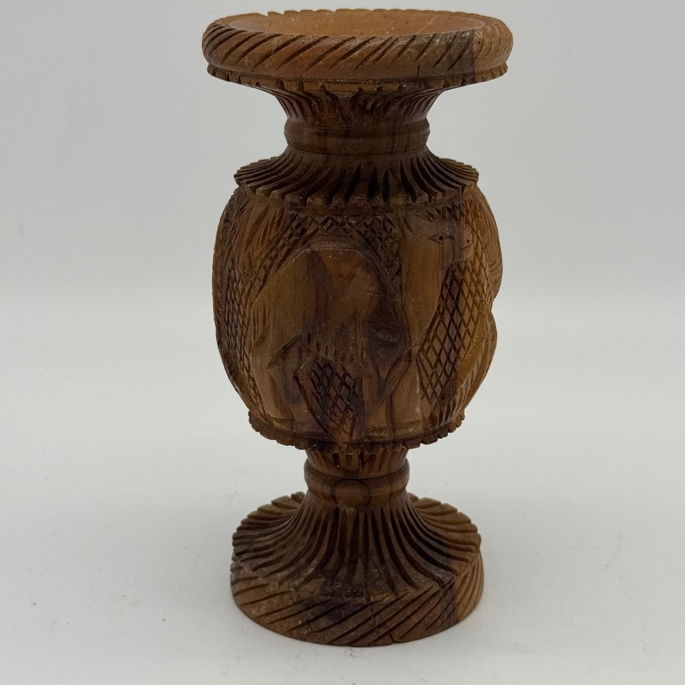 Vintage Olive Wood Vase Israel Purchase Tax Stamp Carved Holy Land Palm 6.5x3"
